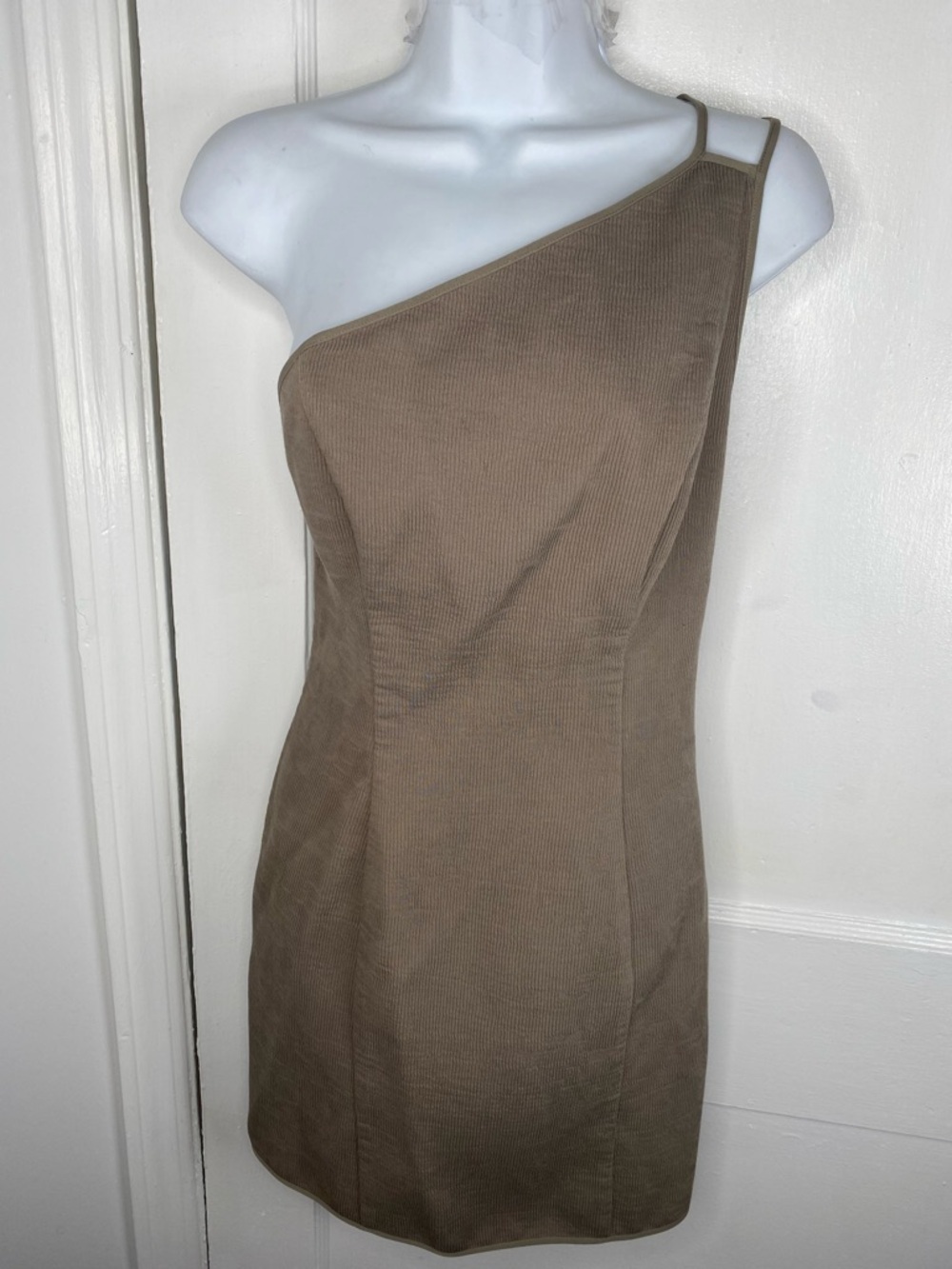 C/MEO Collective Revolve One-Shoulder Brown Taupe Mini Dress